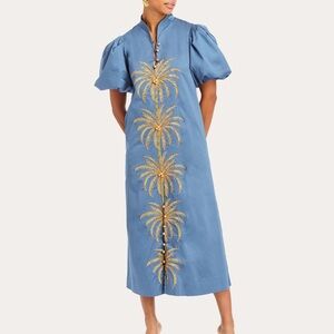 MESTIZA Elliana Gold Palm Embroidered Cotton Poplin Midi Dress in Blue Sz M $475